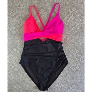 Popvil Womens One Piece Swimsuit XL Neon Pink Coral Black Ruched Colorblock